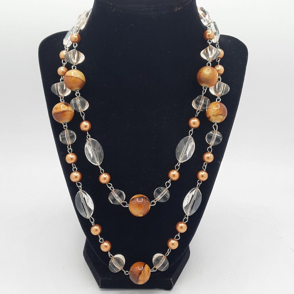 Chunky Boho Double Strand Amber Brown Faceted Clear Acrylic Bead 34" Necklace
